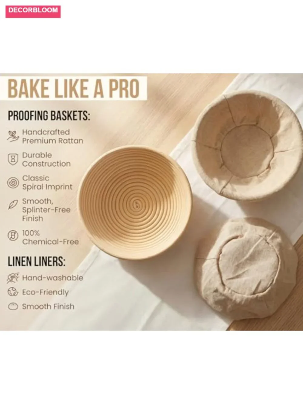 9 Inch Banneton Bread Proofing Baskets, Handwoven Rattan, Set of 2 with Linen